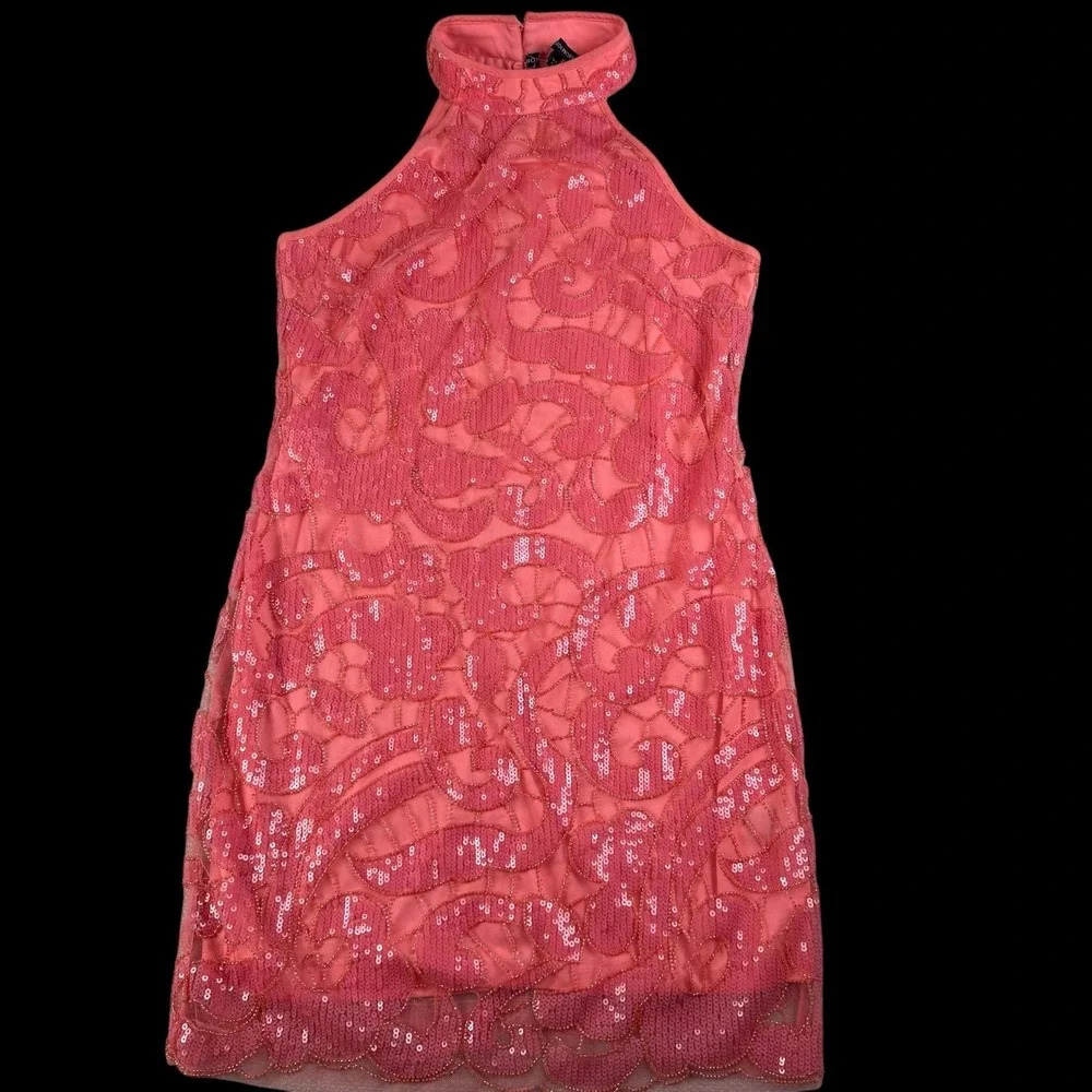 Boston Proper Dress Womens 10 Pink Coral Sequin Mesh Halter Mini Open Back NWOT
